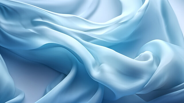 Close-up image capturing the soft, smooth texture of flowing blue satin fabric with beautiful waves and curves.
