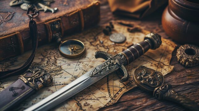 Medieval theme background with dagger, vintage map on table.