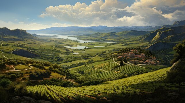 A beautiful painting capturing a scenic view of a valley with vibrant colors and a sense of tranquility