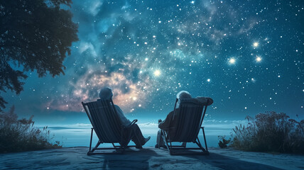 An elderly couple enjoys a serene moment stargazing into the vast Milky Way galaxy from the comfort of deck chairs in a nocturnal landscape.
