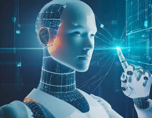 Retrato de un humanoide con conexiones a la vista en un fondo azul tecnológico, señalando con un dedo. 2024