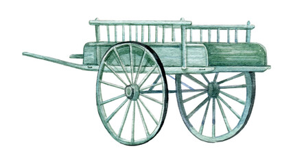 Fototapeta na wymiar Watercolor light blue wooden wheelbarrow, Farmhouse rustic garden transportation illustration