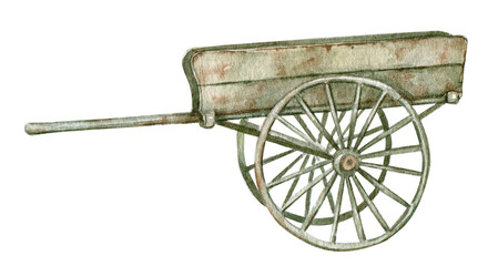 Watercolordark wooden wheelbarrow, Farmhouse rustic garden wagon transportation illustration, farm equipment - obrazy, fototapety, plakaty