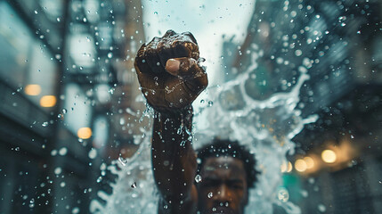 Close-up photo of black man's hand and clenched fist. A large amount of water splashes around.