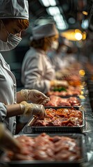 People working in a meat products company, handling raw meat.