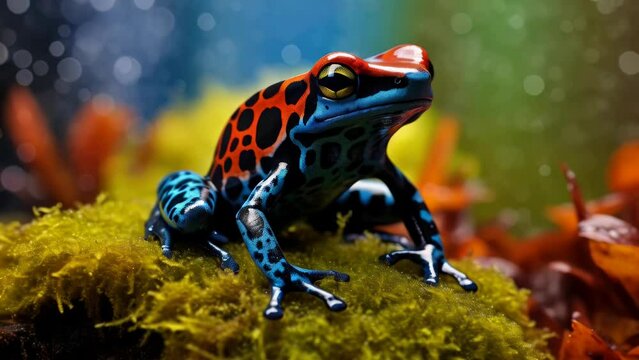 A vibrant frog perched on moss-covered ground, perfect for nature themes.
