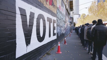 Voters wait in line to vote in voting season. - obrazy, fototapety, plakaty