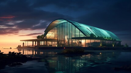 an AI-rendered image of a sleek futuristic greenhouse hovering over an ocean during twilight, with minimalistic design, incorporating greens and a dark reflective ambiance , Attractive look