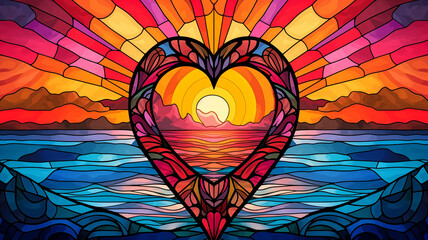 A vibrant stained glass artwork featuring a heart-shaped sunset over a colorful ocean landscape.
