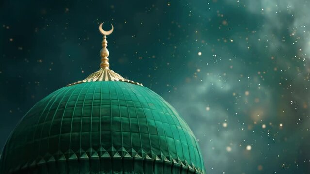 A green dome with a crescent on top. Ideal for religious or architectural concepts.