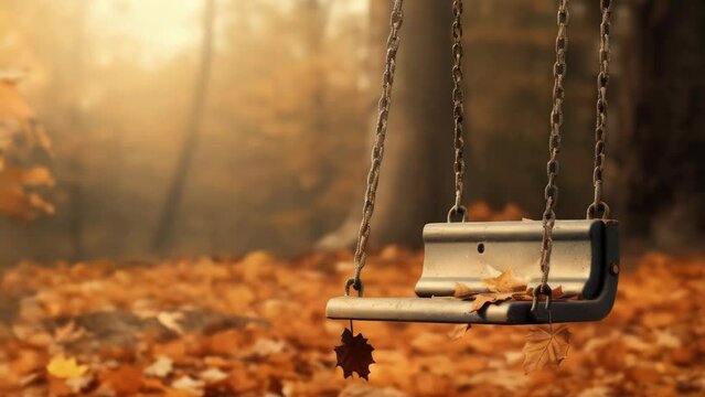 Swing hanging in the middle of a field of fallen autumn leaves. Suitable for autumn themes or outdoor recreation concepts.