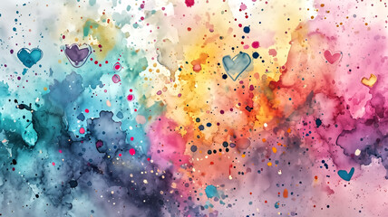 Abstract watercolor painting with vibrant splashes of color and whimsical heart shapes, representing love and creativity.
