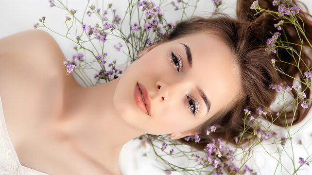Serene Beauty: Young Woman Lying Amongst Delicate Purple Flowers