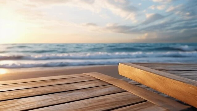 A wooden bench on a beach next to the ocean. Great for travel or relaxation concepts.