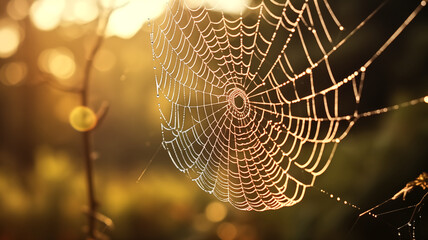 The golden hour sunlight illuminates a delicate spider web adorned with dew drops, highlighting nature's intricate craftsmanship.
