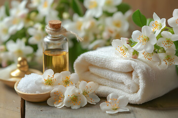 Obraz na płótnie Canvas Aromatic Spa Setting with Essential Oil and Jasmine Flowers