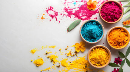 Obraz na płótnie Canvas Vibrant Holi Celebration Colors Splashed and Piled in Bowls