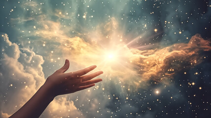 A human hand reaching towards a dazzling cosmic explosion, capturing a moment of connection with the universe.
