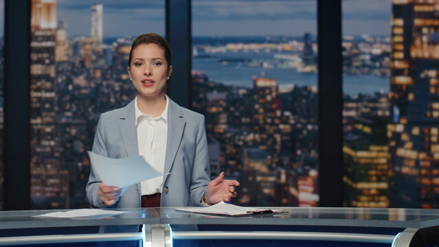Lady journalist translating news closeup. Anchor presenting evening live report