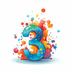Number three, splash, red and blue colors, generative ai 