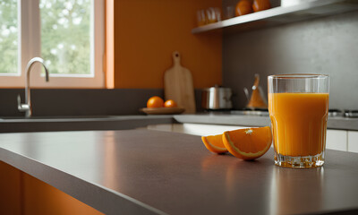 Glass of orange juice plus some fruits on a counter in the kitchen
