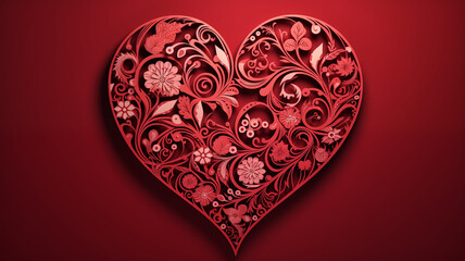 An ornate papercut heart filled with intricate floral designs stands out against a deep red background, a symbol of romance and craftsmanship.
