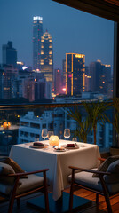 Elegant Rooftop Dining Experience with City Skyline View at Dusk