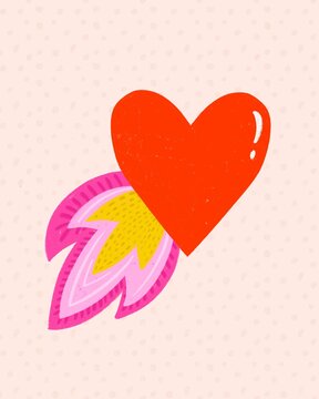 Falling in love, flying heart on fire, concept illustration