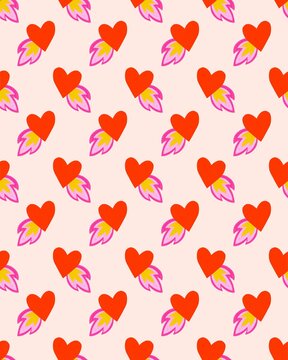 Falling in love, flying heart on fire. Valentine's day concept.