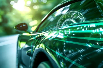 Foto op Canvas An eco - friendly sports car with a glossy finish, overlaid with a semi - transparent digital speedometer, against a bright green background. © Nim