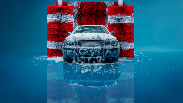 voiture en train d'&ecirc;tre lav&eacute;e avec un rouleau de lavage plein de mousse - fond bleu - vue de face