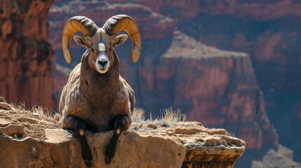 Bighorn ram sheep goat on cliff in Grand Canyon