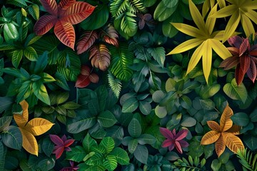 Foliage background with a variety of vibrant plant leaves showing a diverse ecosystem and the biodiversity of nature. - obrazy, fototapety, plakaty