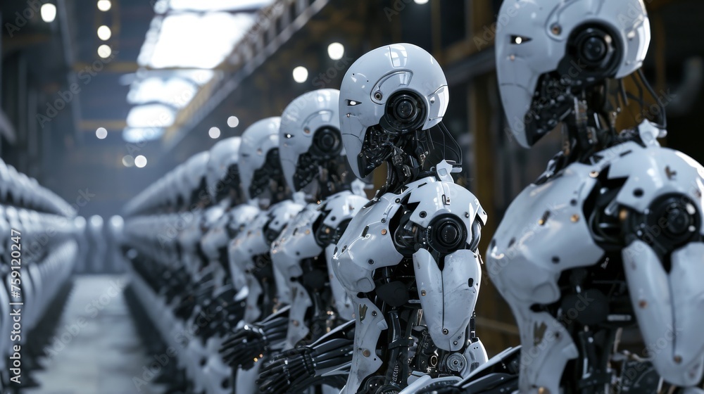 Poster robot heads in row in factory warehouse for production line