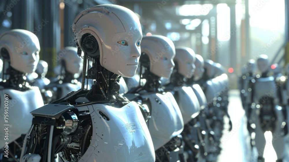 Poster rear view of a row of robots standing in a row