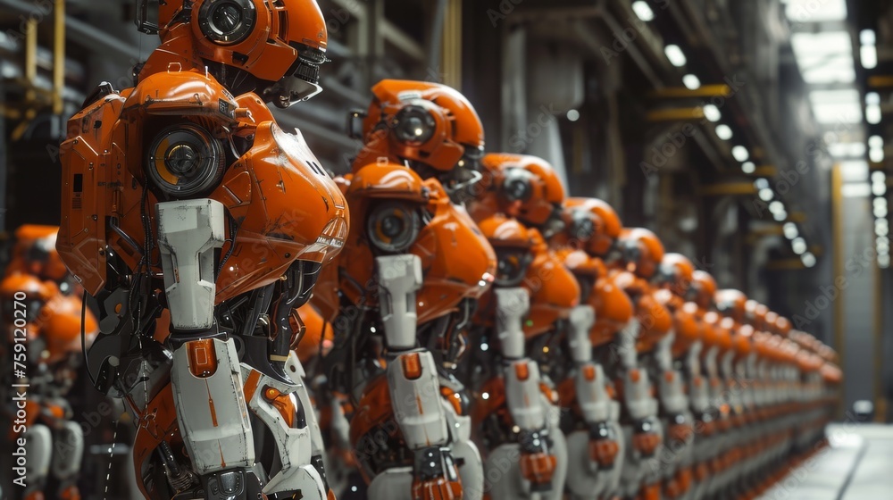 Poster row of orange robots in factory. industrial robot background