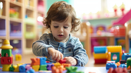 A young boy playing with blocks at the kindergarten
