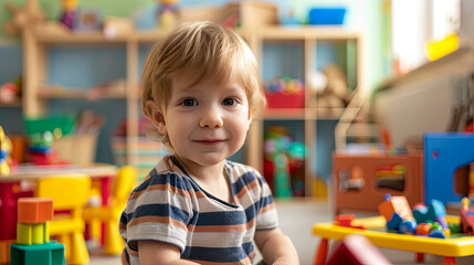 Young boy engaging with building blocks at the kindergarten