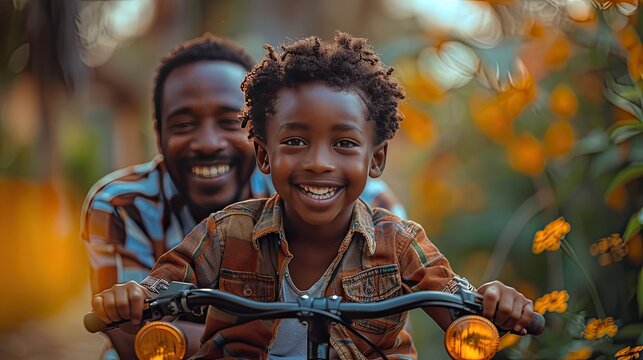 A father steadies his son's bicycle as the child grips the handlebars, ready to embark on their first solo ride in the safety of their backyard