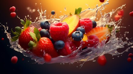 Water splash with fruits and berries. 3d rendering, 3d illustration.