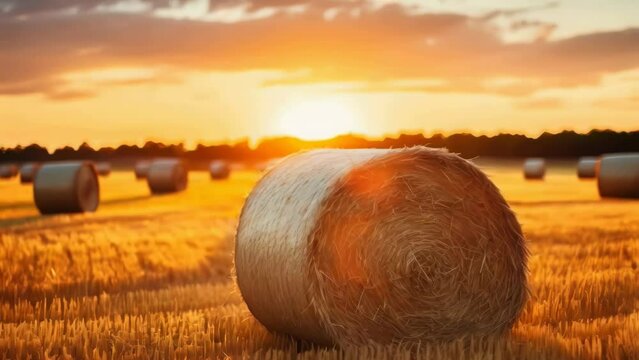 Hay bales in a field at sunset. Perfect for agricultural or rural concepts.