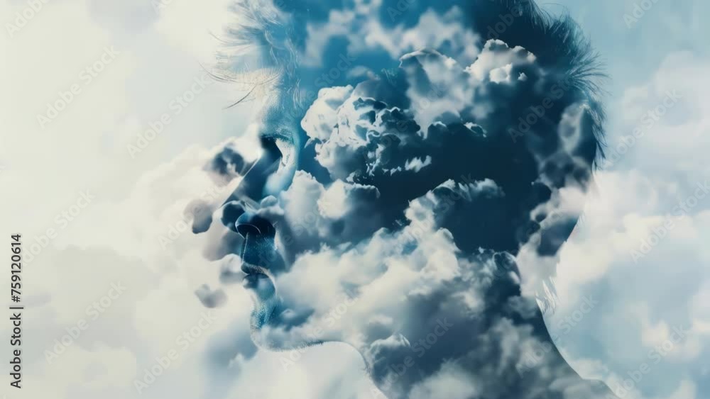 Poster Close-up of a man's head with clouds in the background. Suitable for various concepts and designs.