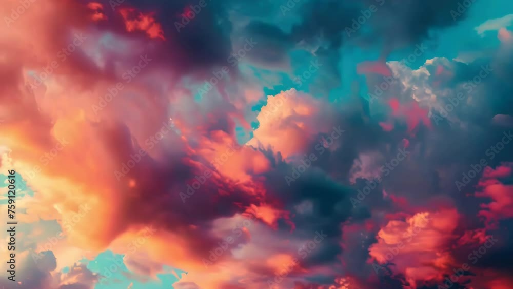 Poster a vibrant image of a plane flying through a colorful cloudy sky. suitable for travel and aviation co