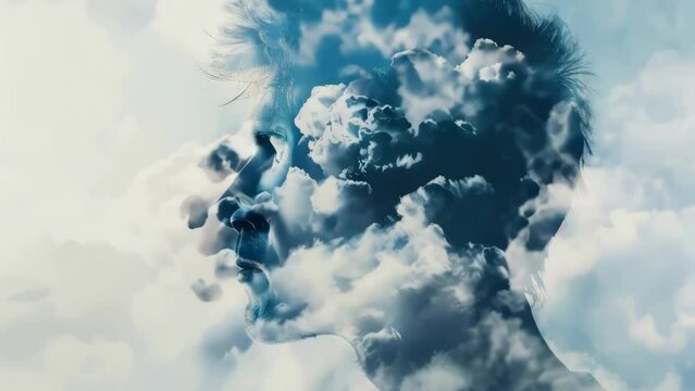 Close-up of a man's head with clouds in the background. Suitable for various concepts and designs.