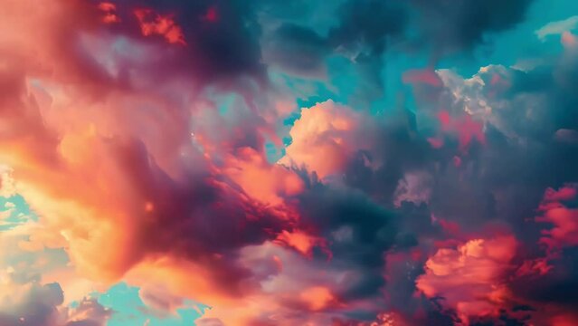 A vibrant image of a plane flying through a colorful cloudy sky. Suitable for travel and aviation concepts.
