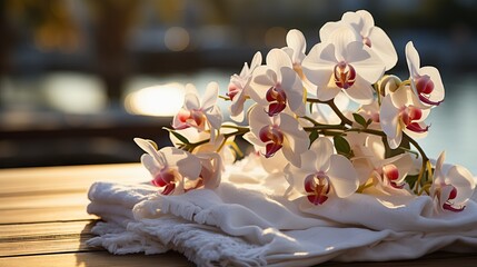 white orchids on a towel on a wooden surface with soft sunset light.
Concept: spa and wellness...