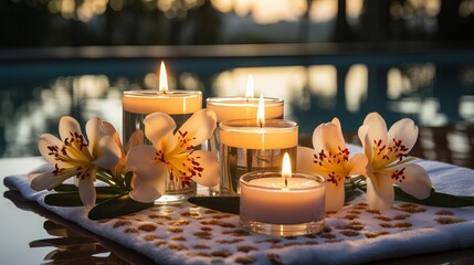 
Spa treatment set with essential oils, white towels and fragrant candles on a wooden table.
Concept: beauty and health, relaxation and self-care, fits perfectly into home procedures.