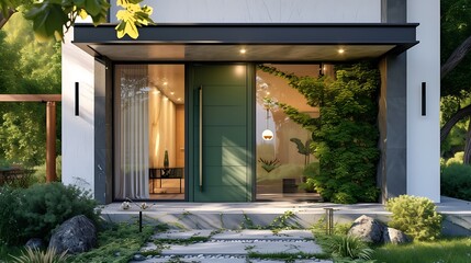 a visual representation of a charming modern farmhouse entrance with a green wooden door and glass window