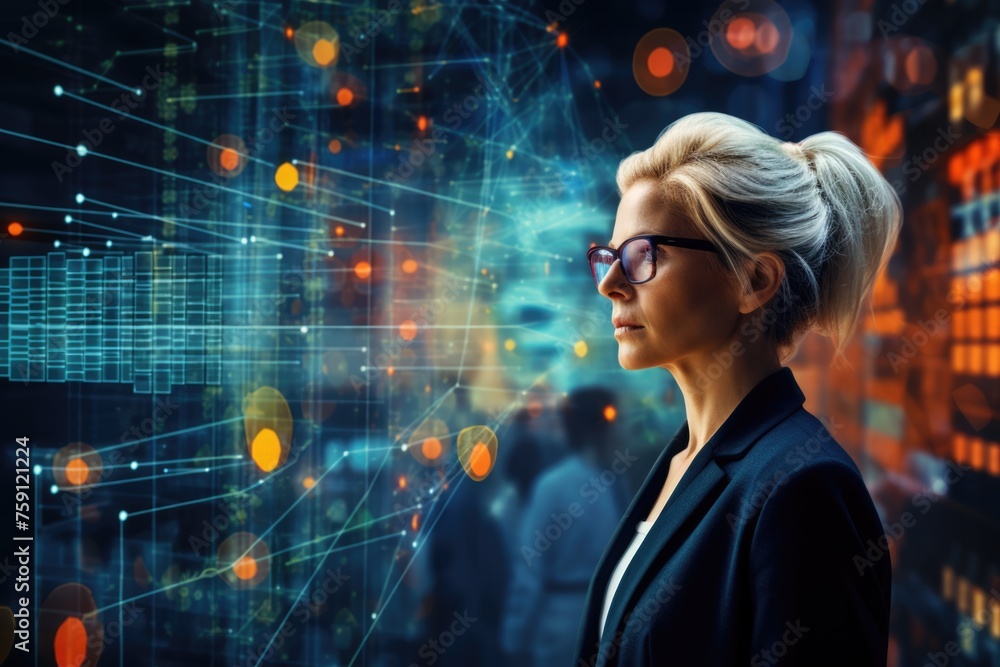 Poster tech analyst study cyber data chart from corporate system for statistical analytic defining marketin