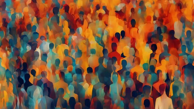 A painting of a crowd of people standing together. Suitable for various group activities.